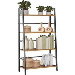 BAKAJI Boekenkast met 4 niveaus, design industrieel, multifunctionele eenheid met metalen frame, vloerrek, industrieel design, ideaal voor thuis, kantoor, woonkamer, keuken, 34 x 63 x 117 cm