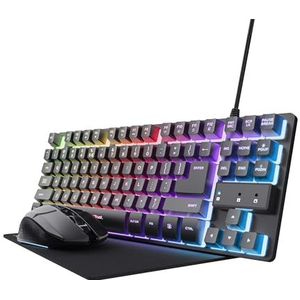 Trust GXT 1794 Gaming-toetsenbord QWERTZ lay-out set met draadloze muis en muismat, 3-in-1 led-speelpakket, draadloze muis, oplaadbaar, 80 uur batterijduur, USB TKL compact pc-toetsenbord