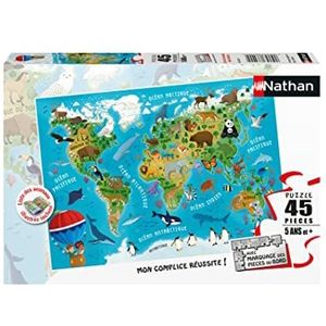 Nathan 86174 Kinderpuzzel, 45 delen, dierenwereldkaart, meisjes of jongens vanaf 5 jaar, hoogwaardige puzzel, dik, duurzaam karton, dieren