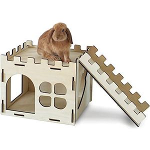 HIIMALEX Extra grote stevige konijnenkasteelschuilplaats voor indoor konijnen speelhuis met trappen ronde randen afneembare habitats voor konijnen, egel, cavia, chinchilla, hamster, gerbil