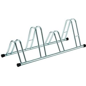 ANDRYS – Staand fietsenrek voor buiten en binnen – fietsenhouder voor maximaal 4 fietsen, koud verzinkt, zilverkleurig rek met zwarte doppen in pvc
