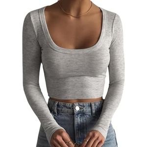 Artfish Dames vierkante hals lange mouwen geribbelde slanke getailleerde casual basic crop top, Hei Grijs, S
