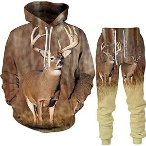 Herfst heren digitale 3D Fawn Print Heren Capuchon Lange Mouw Trui + Broek Pullover Zak Pullover, 10281 - Mid Stone Wash Denim, 25