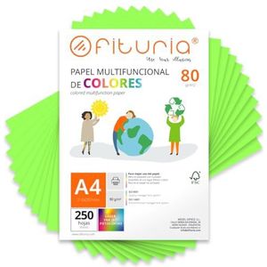 Kleurpapier, verpakking met 250 vellen A4, 80 g, kleurrijk papier voor knutselwerk, printer, scrapbooking, ideaal voor Origami, Papyroflexia, kantoor en school (neongroen, 250 h)