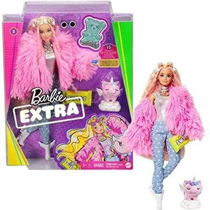 ��​Barbie Extra Pop nr. 3, in roze donzige jas met haar vriendje het eenhoornvarkentje, extra lang golvend haar, outfit in laagjes en accessoires, cadeau voor kinderen vanaf 3 jaar, GRN28
