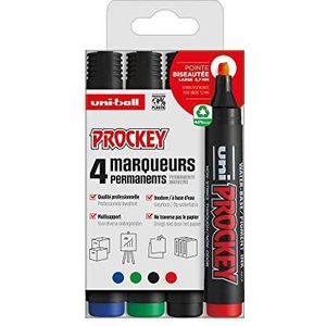 uni-ball Uni Prockey Uni Mitsubishi Pencil permanente marker, geurloos, PM126, multihouder, waterbasis, geurloos, brede afgeschuinde punt, 5,7 mm, verpakking zonder kunststof, 4 kleuren