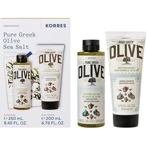 KORRES Olive Sea Salt Bodymilk, voor dames en heren, aromatische geur van zeezout gecombineerd met olijfgeur, douchegel 250 ml en bodymilk 200 ml, siliconen- en parabenvrij, veganistisch