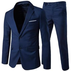 Allthemen Herenpakken 2-delig slim fit trouwjurk pak twee knopen business pak blazer casual jassen broek, marineblauw, L