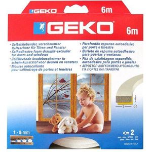 Geko 940010 deurdichting/raamafdichting - zelfklevende op maat te snijden schuimrubberen afdichting voor deuren en ramen, L: 6 m, B x H: 9 x 6 mm, wit