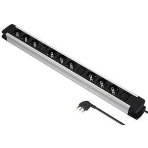 Electraline 61900, Alu-Line Meervoudig stopcontact met 9 stopcontacten (Schuko + 10/16 A) en 3 lichtschakelaars (3 stopcontacten per schakelaar), 2 m, met aluminium behuizing, zilver/zwart