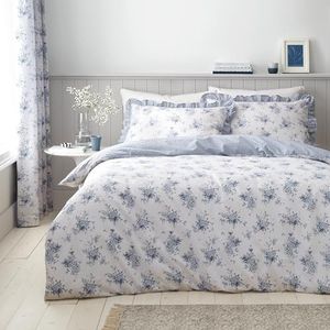 Catherine Lansfield Lucie Floral Frill Omkeerbare Dubbele Dekbedovertrek Set met Kussenslopen Wit Blauw
