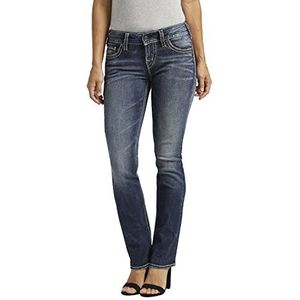 Silver Jeans Dames Suki Curvy Fit Mid Rise Straight Leg Jeans, Vintage Dark Wash met Lurex-steek, 34W x 32L
