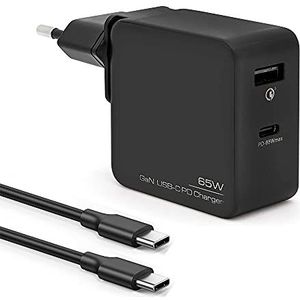 BLUESTORK Gan Tech Snellader, 65 W, 2 USB-C/USB-poorten + snellaadkabel, 1,8 m, EU-stekker, compatibel met MacBook Pro, USB C laptops, iPad, iPhone, Samsung Galaxy, Huawei, Switch (zwart)