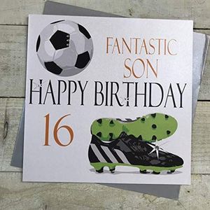 Wit Cotton Cards, handgemaakte kaart voor 16e verjaardag met opschrift:""Fantastic Son Happy Birthday 16