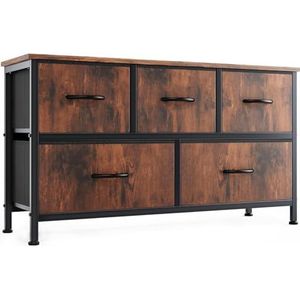 DUMOS Commodes met laden - commodes & dressoirs geschikt voor slaapkamer, comodenkast met 5 laden, stoffen commode met stabiel stalen frame, ideaal voor slaapkamer, woonkamer (houtkleur)