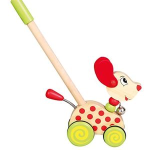 Bino World of Toys Schuifdier hond van hout, speelgoed voor peuters vanaf 18 maanden, duwspeelgoed ter bevordering van kindervaardigheden met een houten handvat van 48 cm, meerkleurig