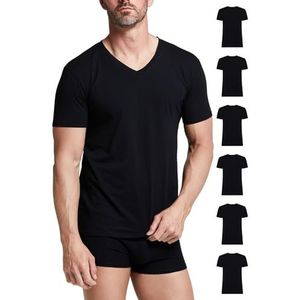 POMPEA Heren T-shirt van katoen, T-shirt met korte mouwen met elastische V-hals (verpakking van 6), Zwart, M