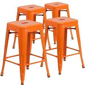Flash Furniture 4 pak Commerciële Rang 24' Hoge Backless Oranje Metaal Binnen-Outdoor Teller Hoogte Kruk met Vierkante Seat