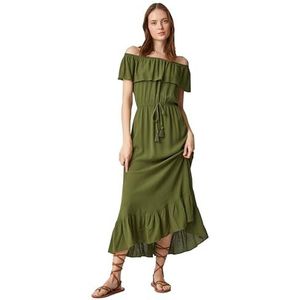 Koton Dames Midi Off The Shoulder Voluminous Drawstring Jurk, kaki (871), 36