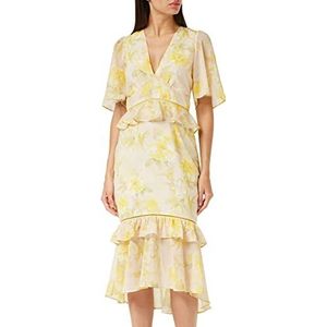Hope & Ivy The Harper Lou Midi-theejurk voor dames met peplum-taille en gelaagde ruches voor speciale gelegenheden, Geel, 50