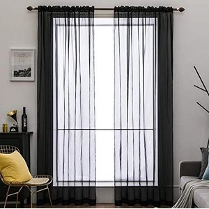 Miulee Voile-gordijnen, 2-delige set, transparant, polyester, met lussen, luchtig, decoratief, voor slaapkamer en woonkamer, 160 x 140 cm (h x b), zwart