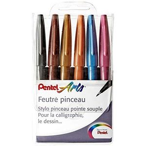 Pentel SES15C Brush Sign Pen Touch Penseelstiften met zachte punt, 6 verschillende kleuren, grijs, bruin, oker, lichtblauw, roze, 6 stuks