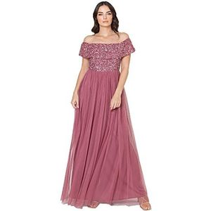 Maya Deluxe Vrouwen Dames Bardot Jurk Maxi Verfraaid Hight Empire Taille Mouwloze Tule Voor Bruiloft Gast Prom Afstuderen Bruidsmeisje, Woestijnroos, 34