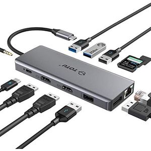 USB C HUB, geüpgraded TOTU 13 in 1 Type C Hub Dongle Adapter (4K Dual HDMI&DP,75W PD), Triple Display Docking Station voor Windows & Macbook Pro USB C-systemen, macOS ondersteunt alleen spiegeldisplay