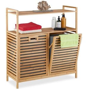 Relaxdays wasmand met 2 vakken, kantelbare wasboxen, 40 liter per vak, bamboe en stof, HxBxD: 95 x 88 x 33 cm, natuur