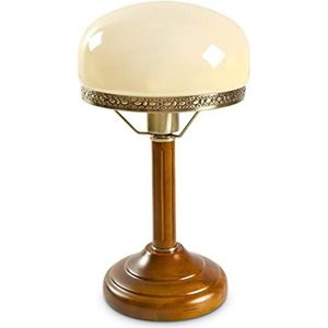 Relaxdays tafellamp retro, 39 cm hoog, nostalgisch design, art deco, lampe met houten voet, rond, messing look