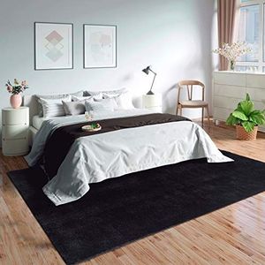 Mia´s Teppiche Olivia Tapijt voor de woonkamer, zwart, 240 x 340 cm, modern, zacht, effen, pluizig, laagpolig (19 mm), antislip, wasbaar tot 30 graden, 100% polyester