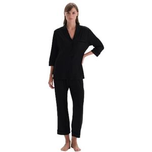 Dagi Vrouwen Lange Mouw Fluwelen Strip Gedetailleerde Shirt Broek Pyjama Pak Pyjama Set, Zwart, 3XL