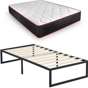 HOGAR24 ES Kio Lattenbodem + geheugenmatras Premier, metalen frame met houten latten en visco-elastische matras van 90 x 190 cm, opbergplatform van 35 cm, eenvoudige montage, zwart