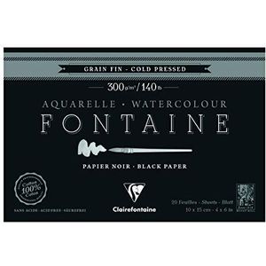 Clairefontaine - Ref 975300C - Fontaine koudgeperst zwart aquarel pad (20 vellen) - 10 x 15 cm formaat, 300 g/m² papier - Geschikt voor aquarel kunstwerken