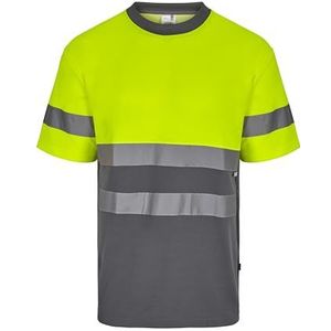 VELILLA Katoenen T-shirt met korte mouwen, tweekleurig, hoge zichtbaarheid, uniseks, volwassenen, grijs en fluor geel, XL