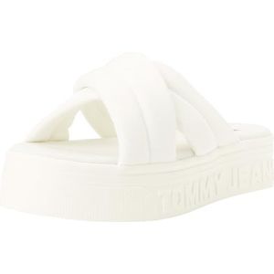 Tommy Jeans Dames TJW Lettering Flatform Sandaal Plat, Ecru, 6.5 UK, Ecru, 40 EU