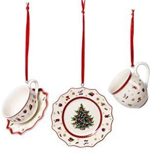 Villeroy en Boch Toy's Delight Decoration Ornamenten serviesset 3-delig, ornamenten om op te hangen, premium porselein, tex tilia, metaal, wit, rood, 6,3 cm