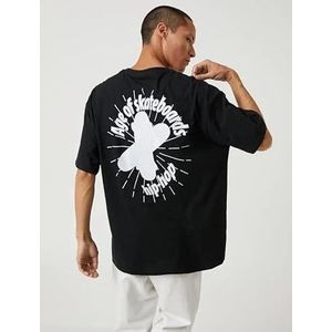 Koton Basic oversized T-shirt met slogan-print, ronde hals, zwart (999), M voor heren, Zwart (999), M