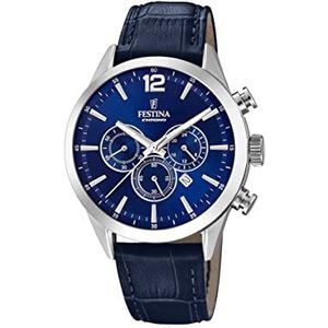 Festina Herenhorloge F20542/2 Timeless Chronograaf Behuizing van roestvrij staal 316L zilver lederen band blauw, Blauw, 43, Strepen