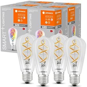 LEDVANCE Smart LED lamp met Wifi, E27, RGB-kleuren veranderbaar, Edison-vorm, Gekleurde gloeidraad als sfeerlicht, Vervanging voor conventionele 60W-lampen, Bedienbaar met Alexa, Google & App, 4-pak