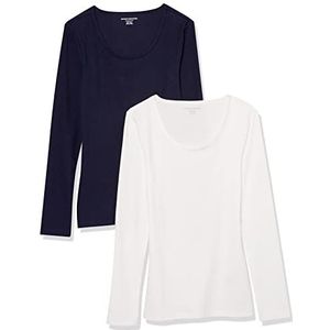 Amazon Essentials Damestrui met ronde hals, slimfit, geribbelde trui (verkrijgbaar in grote maten), 2 stuks, marineblauw/wit, L