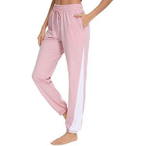 Doaraha sportbroek dames contrasterende kleur ademend katoen elastische joggingbroek met zijzakken voor sport gym fitness hardlopen (lichtroze, XL)