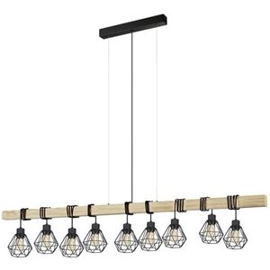 EGLO hanglamp Townshend 5, 9-lichts vintage pendellamp in industrieel ontwerp, retro plafondlamp hangend van staal en hout, kleur zwart, bruin, FSC-gecertificeerd, E27