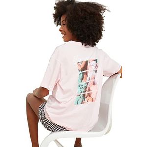 Trendyol Dames oversized standaard brei T-shirt met ronde hals, roze, XL