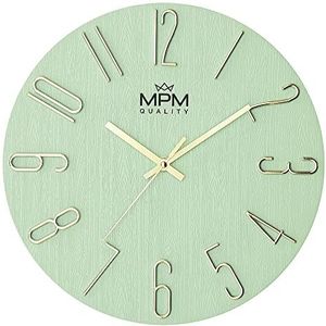 MPM Quality Design wandklok, groen/goud, datumweergave, 3D-cijfers, nauwkeurig kwartsuurwerk, diameter 305 mm, moderne wanddecoratie voor woonkamer, slaapkamer of kantoor
