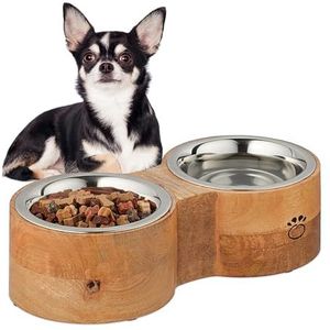 Relaxdays dubbele hondenvoerbak met standaard, 2 rvs kommen, elk 400 ml, houten houder, eet-en drinkbak, natuur/zilver