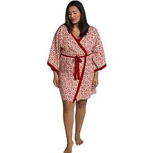 Ulla Popken Kimono voor dames, bloemen, sjaalkraag, knoopriem, badjas, Scarlet Alert, 50-56