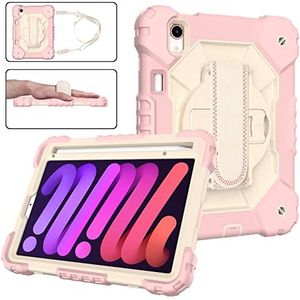Case voor iPad 9,7 inch hoesje met 360 ° roterende standaard handriem/schouderriem beschermhoes voor iPad 9.7 2017/2018, rose goden beige