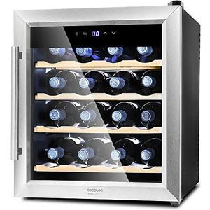 Cecotec wijnbar met 16 flessen, inhoud van 48 liter, glazen deurontwerp, roestvrijstalen frame en houten planken, touchpad en LED-display, bewegingsloze technologie voorkomt trillingen