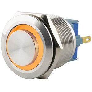 SeKi Roestvrij stalen drukschakelaar Ø25 mm vergrendelend uitstekende kopvorm gekleurd verlichte LED-ring in geel soldeeroogjes/platte stekker 0,5 x 2,8 aansluiting